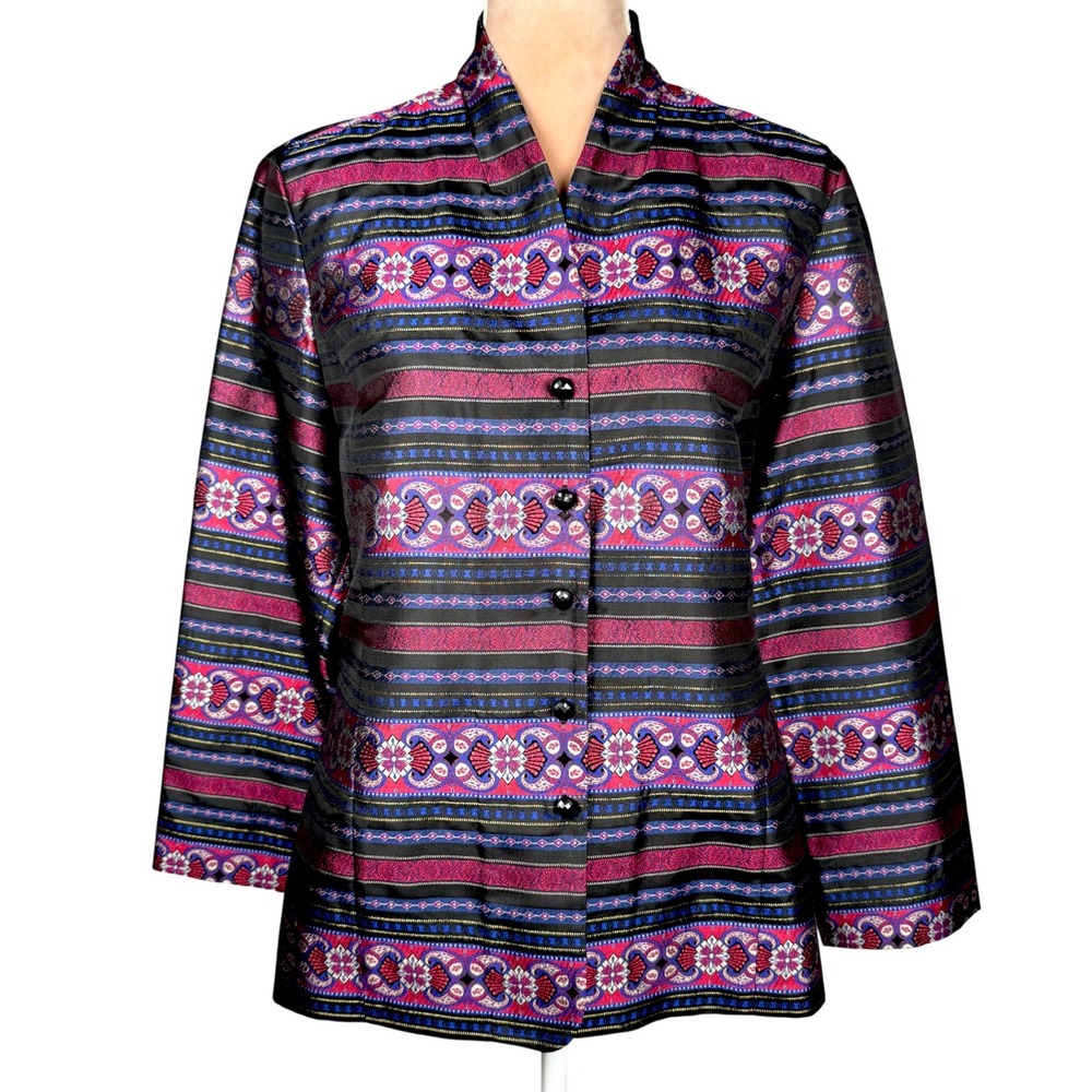 Talbots Silk Blend Brocade Striped Floral Blazer Jacket Womens Sz‎ 14 Petite